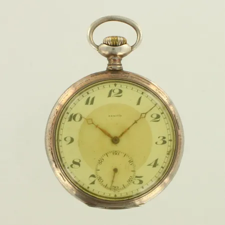 Hopeataskukello Zenith, kulumaa, mekaaninen, rungon Ø52mm, välikuori hopeaa, kaiverrettu, S:N 2522194, 800br hopea, paino 91,6g