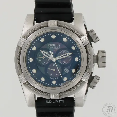 Teräsrannekello Invicta Reserve Bolt Zeus Chronograph W/R 200MT, quartz, malli no.0826, käytön jälkiä ja vaatii huoltoa, Ø ja pituus 60mm ja 27cm.  
