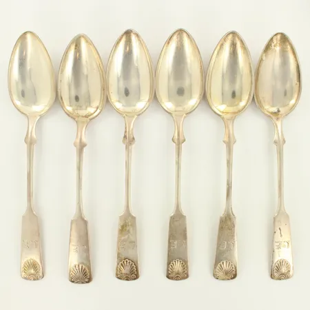 Kuusi jalkiruokalusikkaa, Musla, kaiverrettu, pituus 180mm, 813, paino 215,7g