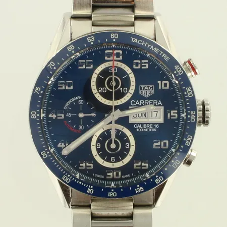 Teräsrannekello TAG Heuer, Carrera, automaatti, calibre 16, Sininen/Teräs Ø 43 mm ref. CV2A1V. WPL0550, rannekkeen pituus 180mm, pieniä naarmuja lasissa