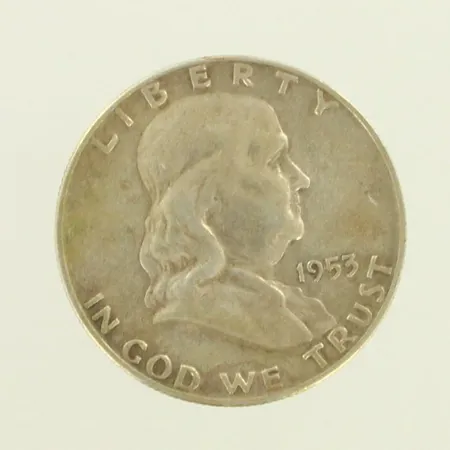Hopearaha, 1953 Ben Franklin Half Dollar, 900, paino 12,4g 