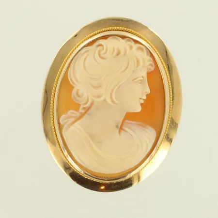 Viallinen Camee-rintaneula, kaiverrettu, korkeus 42mm, 585br, paino 8,8g 