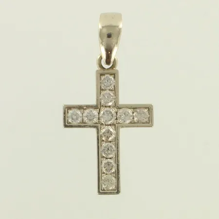 Ristiriipus timanteilla 10xn.0.19ct 1xn.0.20ct, korkeus 42mm, leveys 21mm, 585 valkokulta, paino 8,6g 