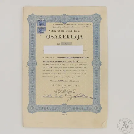 Osakekirja, Asunto Oy Susitie 14, yhtiöjärjestyksen mukainen pinta-ala 21m2, 1h ja kk.

Huoneistoon kohdistuvat lainaosuudet:
Putkiremonttilaina 12 959,83
Parvekeremonttilaina 1 214,27
Vastikevelka 2 476,60

Tiedot isännöitsijätodistuksesta 11.11.2020

Huoneistoon kohdistuvista veloista vastaa ostaja.

Isännöitsijätodistukseen, tilinpäätökseen 2019, yhteisösääntöihin ja energiatodistukseen voi tulla tutustumaan Hakaniemen Pantin konttoriin.  
