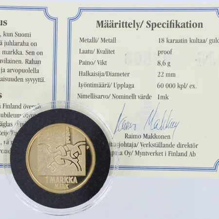 Kultaraha Kultamarkka 2001 Suomi, numero 02863, todistus, puulaatikko, 750, paino 8,6g Paino: 8,6 g