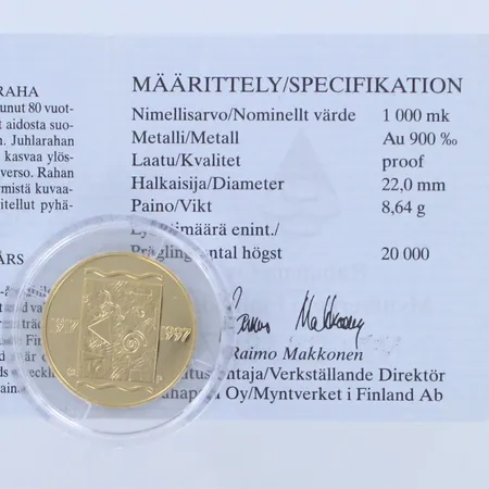 Kultaraha Itsenäisyyden 80-vuotisjuhlaraha, Suomi 1997, numero 003887, nimellisarvo 1000 markkaa, todistus, laatikko, 900, paino 8,6g 