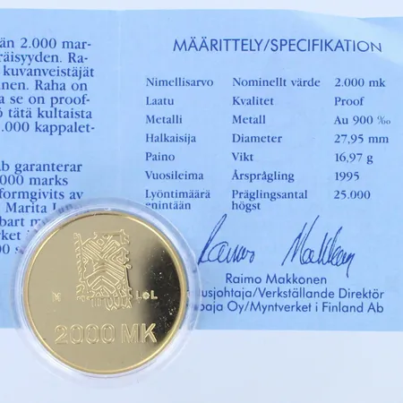 Kultaraha Suomi 1995, nimellisarvo 2000 mk, 50 rauhan vuotta, laatikko, todistus, 900, paino 17,0g 