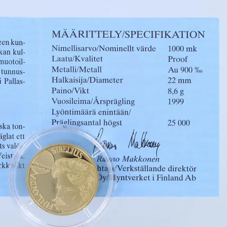 Kultaraha Suomi 1999, Jean Sibelius ja säveltaide, nimellisarvo 1000 mk, todistus, laatikko, 900, 8,6g Paino: 8,6 g