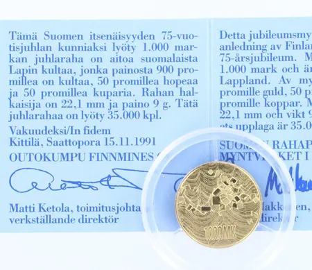 Kultaraha Suomi 1917-1992, nimellisarvo 1000mk, laatikko ja takuu todistus, 900, paino 9,0g Paino: 9 g