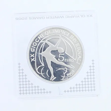 Hopearaha 5 euro, torino 2006, 925hopea, paino 18,0g 
