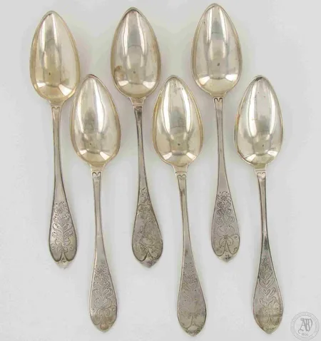 Kuusi ruokalusikkaa, kaiverrettuja, 220mm, leimoilla 13L, vuodelta 1854, 813, paino 297,7g