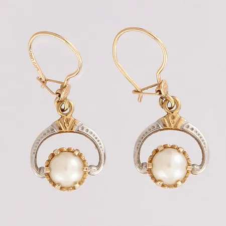 Helmikorvakorut, korkeus 25mm, 585br kelta- ja valkokulta, paino 2,2g Paino: 2,2 g