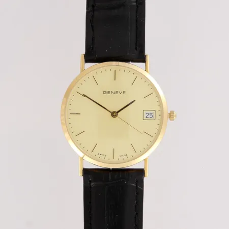 Kultarannekello, Geneve, taulun Ø 32mm, quartz:paristo loppunut, ref. A75018, nahkarannekkeen pituus 155-200mm, laatikko, 585br, paino 22,7g, kuin uusi