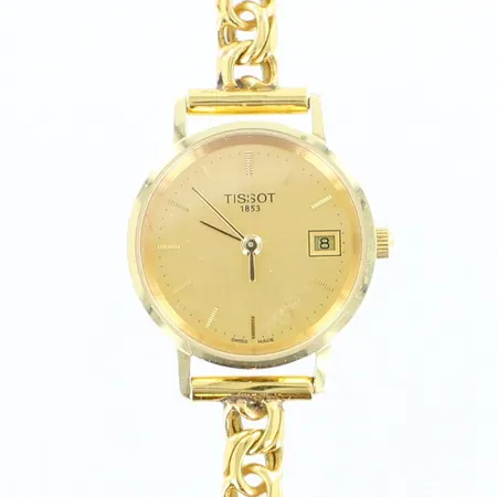 Kultarannekello Tissot, kaiverrettu, Quartz, taulun Ø 24mm, rannekkeen pituus 190mm, ranneke kullattua metallia, 750br, paino 22,5g 