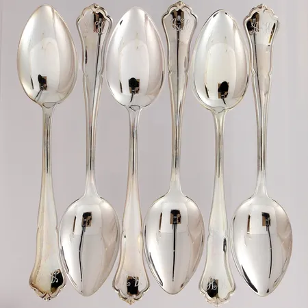 Kuusi ruokalusikkaa, kaiverrettu, Chippendale, pituus 170mm, 830, paino 254,4g Paino: 254,4 g
