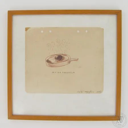Lyijykynäpiirros "Muna pannulla", signeeraus Olli Lyytikäinen 1973, mitat 28x29cm, kehyksissä käytön jälkiä.  Lähetetään postipakettina.