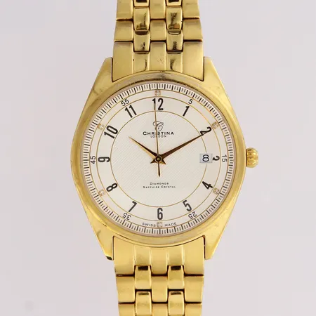 Teräsrannekello, Christina London, Diamonds, quartz:paristo loppumaisillaan, käytön jälkiä rungossa, taulun Ø 38mm, rannekkeen pituus 180mm