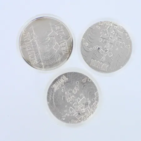 Kolme juhlarahaa, 100 Markkaa 1917-1992, Itsenäinen Suomi 75 vuotta, 925br, paino 82,6g