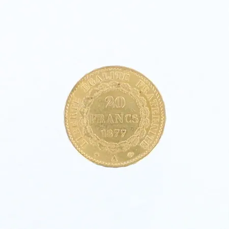 Kultaraha 20 francs or Génie, Troisième République 1877 Paris, 900,  Paino: 6,4 g