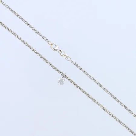 Timanttikaulakoru 1xn.0.35ct, riipuksen korkeus 9mm, ketjun pituus 45,5cm, 585 valkokulta,  Paino: 7,9 g