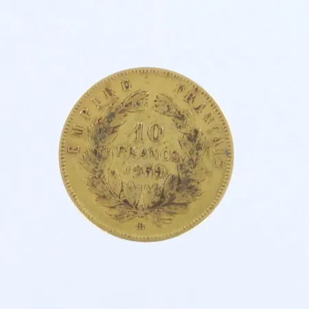 Kultaraha 10 frans, 1859, käytön jälkiä,  900kultaa,  Paino: 3,1 g