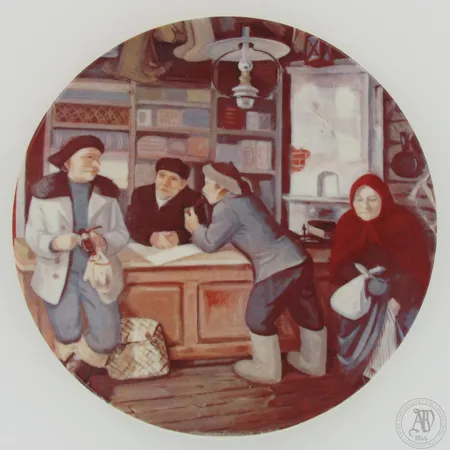 Seinälautanen, Ø 200mm, perustana on Laitilan maalaus v.1936, K-kaupan taloudellisen yhteistyön kunniaksi 1906 - 1981, Arabia. 