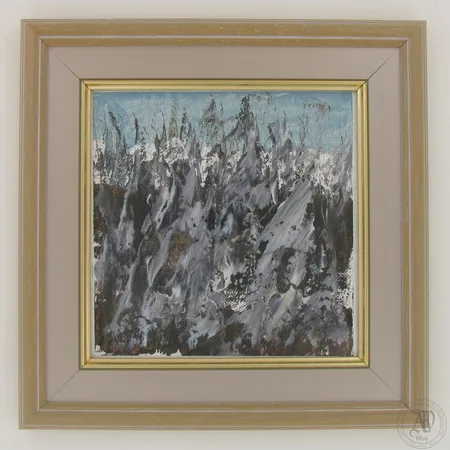 Kehystetty öljy-palettiveitsitekniikka-maalaus, mitat 200X200mm, "Kotiseutuni kuuset", signeerattu Otto Suutari -93.