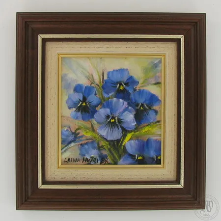 Kehystetty öljyvärimaalaus, mitat 160X160mm, signeerattu Laina Hutri - 84. 
