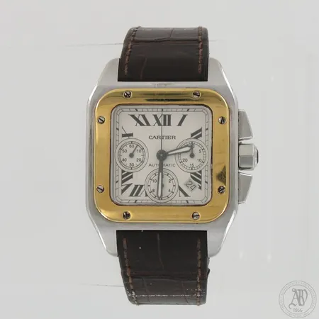 Teräsrannekello Cartier Santos Chronograph 100 nahkarannekkeella (linkkulukko), automaatti, mallinumero 2740, sarjanumero 30839803, taulun korkeus ja leveys 55mm ja 45mm, rannekkeen pituus 190mm, käyttöohjeet, aitoustodistus ja säilytysrasia.   