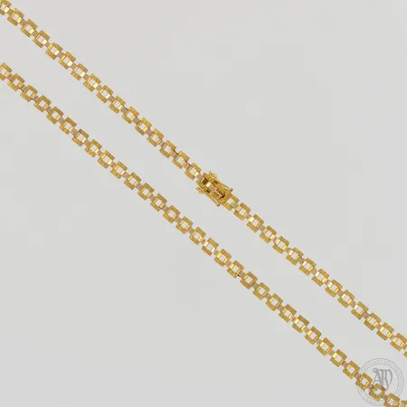 Kaulaketju, pituus ja leveys 45cm ja 5mm, valmistettu 1975, valmistaja Kultakeskus Oy  - Helsinki, 585,  Paino: 11,3 g