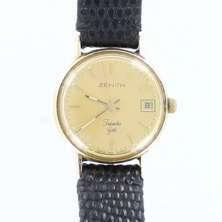 Kultarannekello Zenith, Finlandia gold, kaiverrettu, Quartz:paristo loppunut, taulun Ø 22mm nahkaranneke kulunut, 585br,  Paino: 13 g