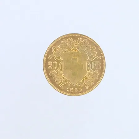 Kultaraha, 20 Francs "Vreneli" (22 stars on edge), 1935, 900, Paino: 6,5 g
