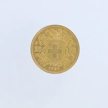 Kultaraha, 20 Francs "Vreneli" (22 stars on edge), 1922, 900, Paino: 6,4 g