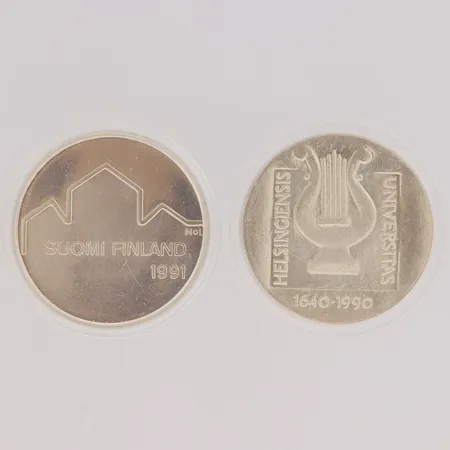 Kaksi juhlarahaa, nimellisarvo yht 200mk, Helsingin Yliopisto 350 vuotta ja Suomi 1991, 830, paino  Paino: 48 g