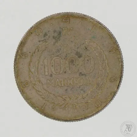 Hopearaha 1000 markkaa 1960, Suomen markka 100 vuotta Snellman, 875 hopea,  Paino: 13,9 g