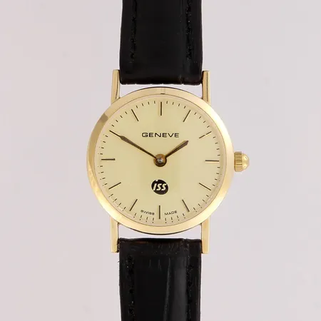 Kultarannekello, Geneve, quartz:paristo loppunut, taulun Ø21mm, iss logo, kaiverettu, 585br, 