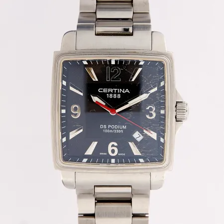 Teräsrannekello, Certina DS Podium, lasissa naarmuja, Quartz, rannekkeen pituus 190mm, taulun Ø36mm, kaiverrettu