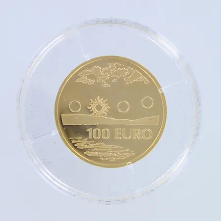 Kultaraha, Keskiyön Aurinko, 2002, nimellisarvo 100 euroa, 900, Paino: 8,6 g Paino: 8,6 g