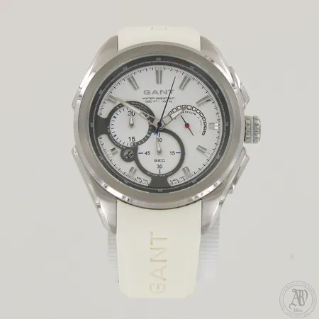 Teräsrannekello Gant, Water Resistant 330 Feet/100 Meters, quartz, paristo loppunut, taulun Ø 45mm, laatikko. Lähetetään postipakettina.