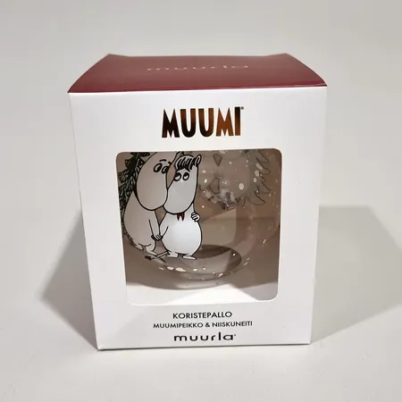 Koristepallo, Muumi, Muurla, Muumipeikko & Niiskuneiti, laatikossa Lähetetään postipakettina.