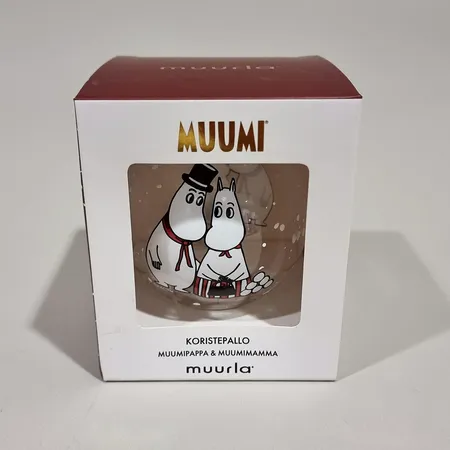 Koristepallo. Muumi, Muurla, Muumipappa & Muumimamma, laatikossa Lähetetään postipakettina.
