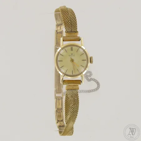 Viallinen kultarannekello Exquisit, manuaali, käytön jälkiä, taulun Ø 21mm, rannekkeen pituus 175mm, ranneke metallia, 585br,  Paino: 17 g
