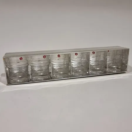 Kuusi snapsilasia, Iittala, desing Timo Sarpaneva, Pisararengas, korkeus 60mm, laatikossa
