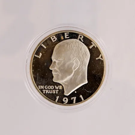 Hopearaha, One Dollar, USA vuodelta1971, S Eisenhower , hopeapitoisuus 400,  Paino: 22,6 g