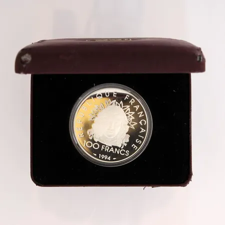 Juhlaraha 100 Frangia, Ranska, 100th anniversary of olympic games, kotelossa, 925, Paino: 33,6 g