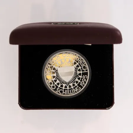 Juhlaraha 200 shilling , Itävalta, 100th anniversary of olympic games, kotelossa, 925, Paino: 33,6 g