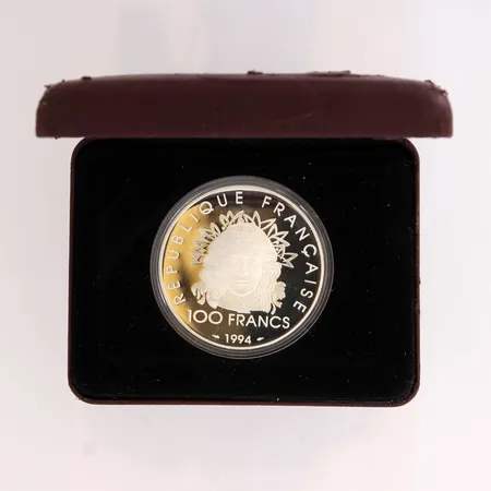Juhlaraha 100 Frangia, Ranska, 100th anniversary of olympic games, kotelossa, 925, Paino: 33,6 g