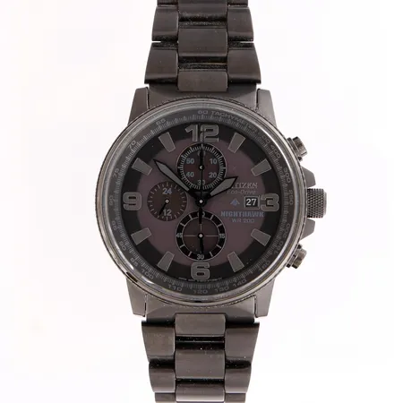 Teräsrannekello, Citizen Nighthawk Eco-Drive, quartz, rungon Ø 42mm, rannekeen pituus 190mm, kaksi jatkopalaa, laatikko 