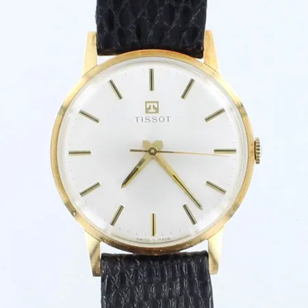 Kultarannekello Tissot, kaiverrettu,  mekaaninen, taulun Ø 34mm, nahkaranneke, 585br, 