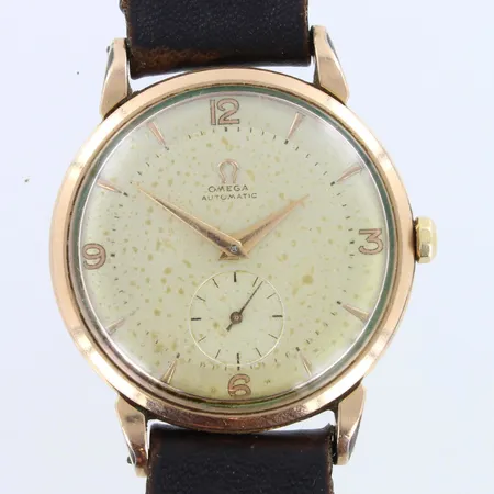 Teräsrannekello Omega automatic, Calibre 332, S:N 12420640, T840272, Swiss, 17 jewels, käytön jälkiä, taulussa hapettumia, rungon Ø35mm, viallinen nahkaranneke